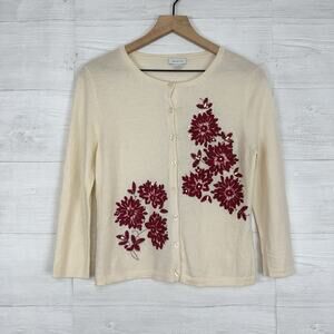 Garnet Hill Merino‎ Wool Floral Embroidered Cardigan Sweater Women M Grandmacore